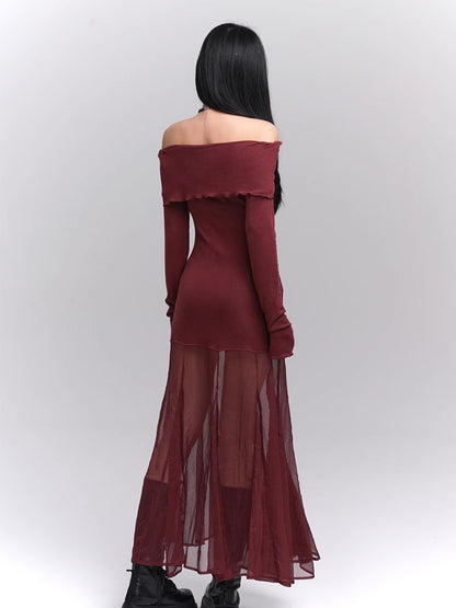 Robe glamour rouge vin semi-transparente à épaules dénudées