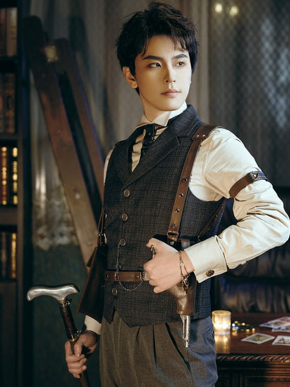 Plaid Dark Waistcoat Gray Steampunk