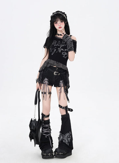 Applique Leg Butterfly with Black Warmers and Hem Denim Shorts Lace-up Details Gray