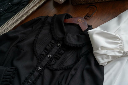 Black Rounded Flat Collar Long Sleeves Shirt