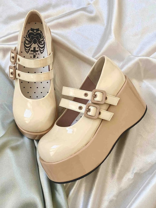 Plattform Lolita Schnallen Sohle Gelb Süße Braune Keil Schuhe mit