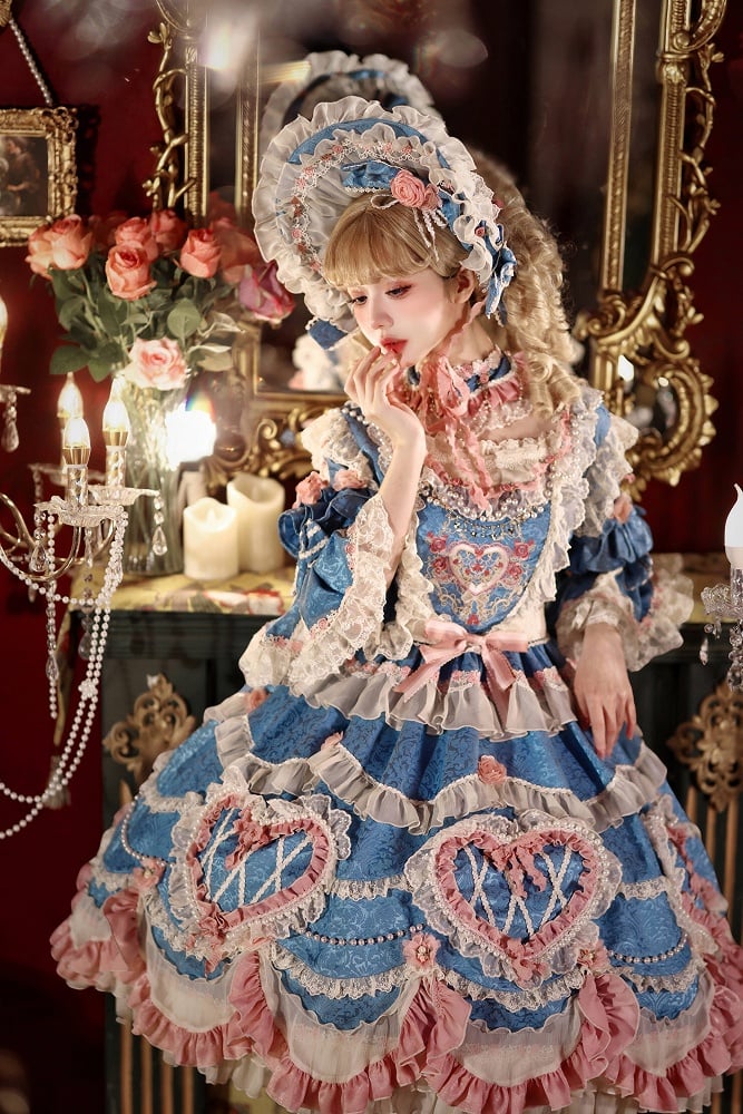 Rosette Embroidery Floral and Bead Chain Details Blue Gorgeous Hanayome Lolita Dress