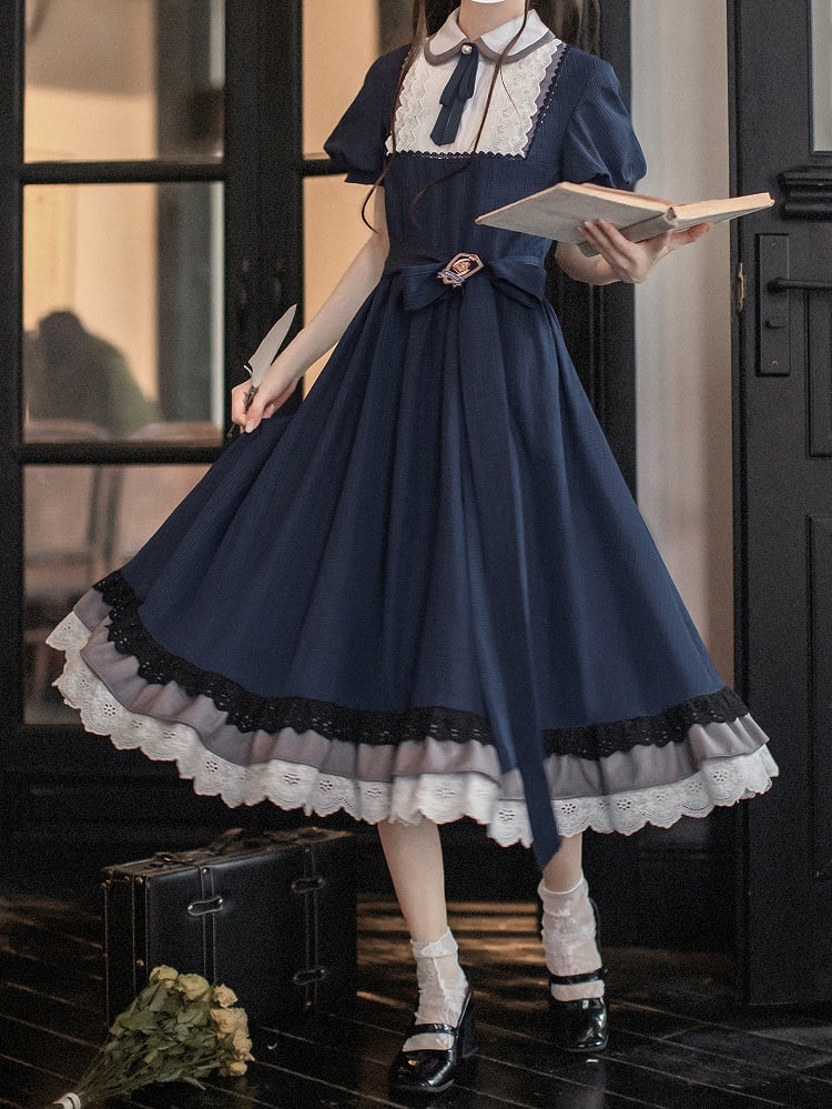 Blue Navy Piece Peter Pan Collar and Puff Sleeves Pattern Classic Plaid Lolita One with Elegant in
