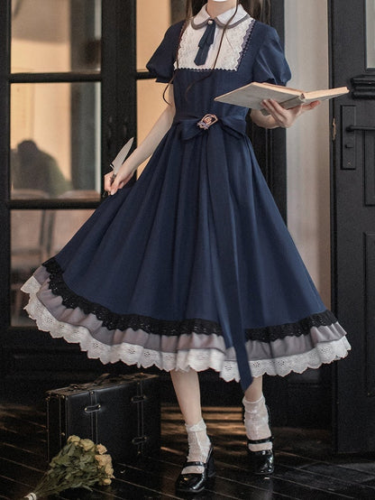 Blue Navy Piece Peter Pan Collar and Puff Sleeves Pattern Classic Plaid Lolita One with Elegant in