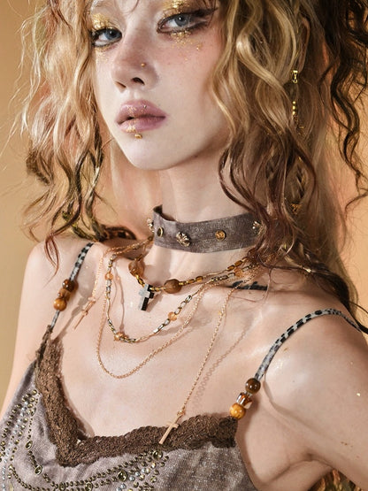 Brown Neacklace Cross Pendant Punk Beaded Choker With Wasteland