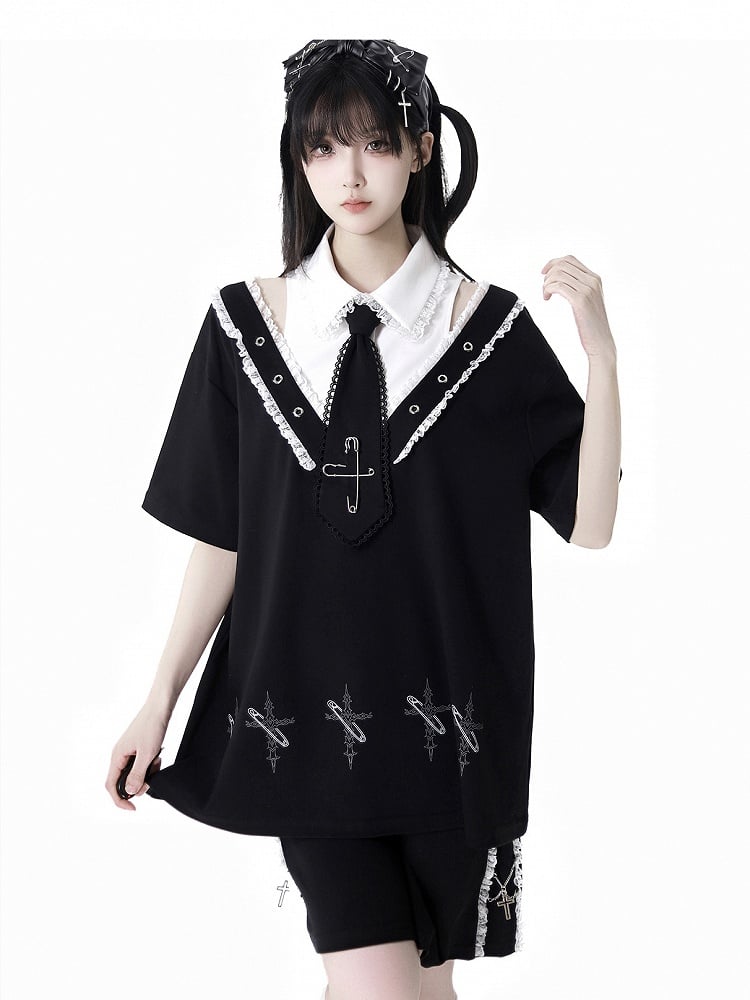 Lace Black Elastic Waist Contrast Shorts Trim Cross Charms