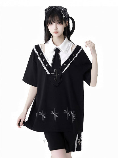 Lace Black Elastic Waist Contrast Shorts Trim Cross Charms