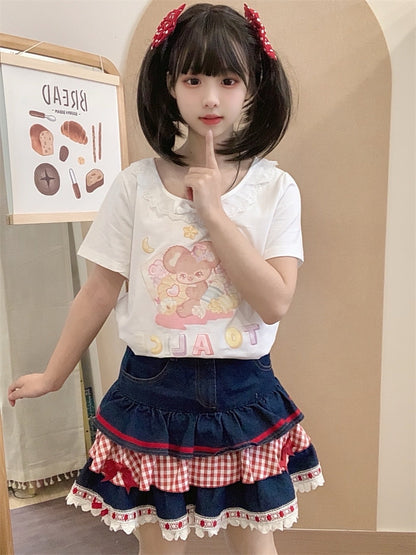 Short Version Adorable Mouse Print White/Pink Lace Trim T-Shirt