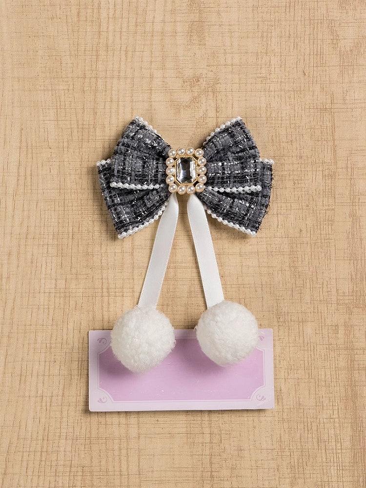 Jirai Kei Pompoms and Rhinestone Adorned Beaded Tweed Bowknot Hairclip