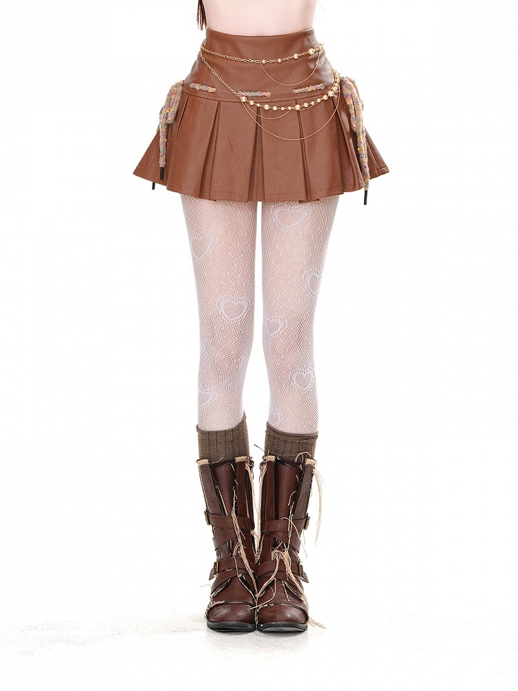Brown High Waist Box Pleat Mini Skirt