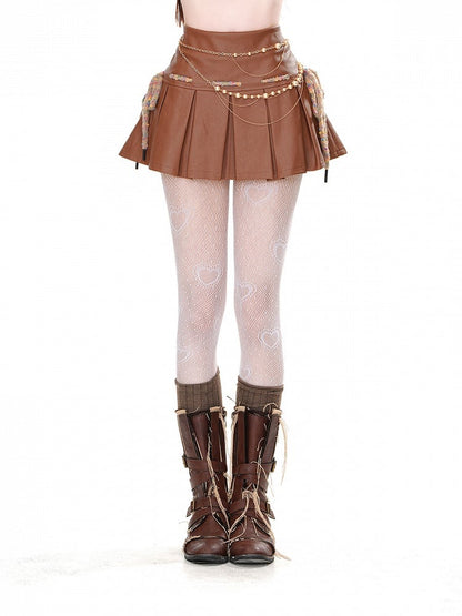 Brown High Waist Box Pleat Mini Skirt