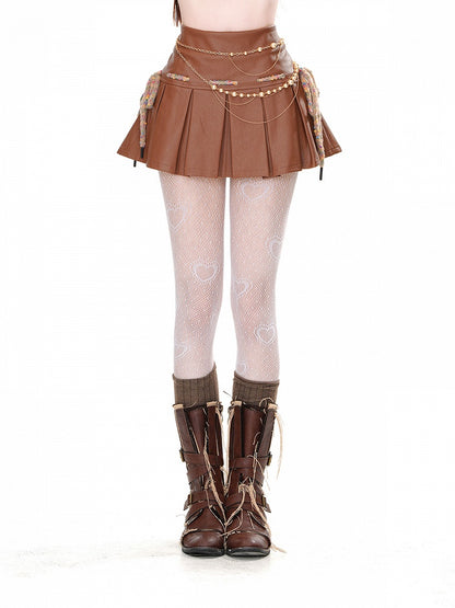 Mini Skirt Waist Box Pleat PU Brown High