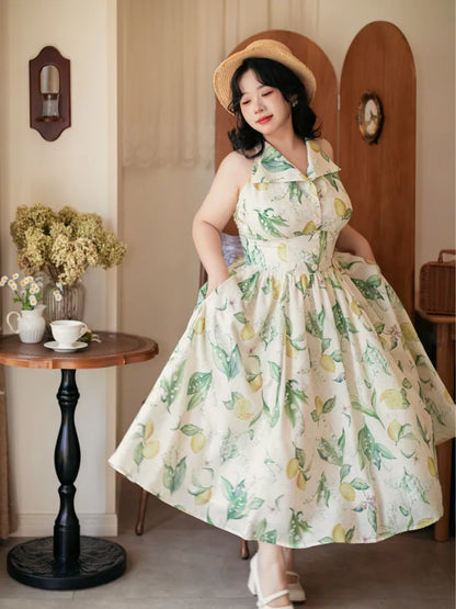 Neck Big Halter Fashion Backless Bow Lemon Green Retro Print Back Dress