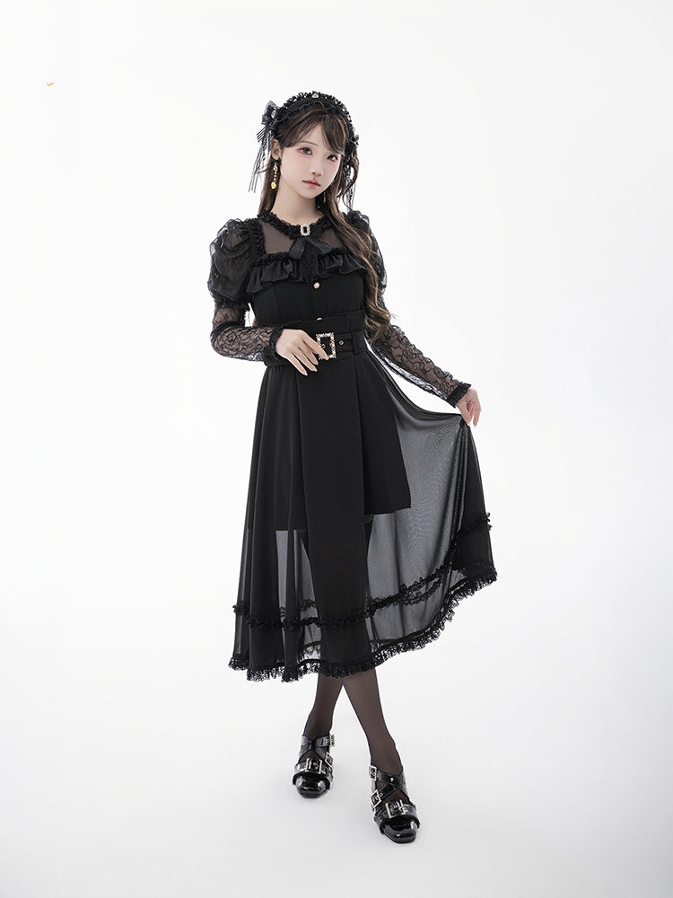 Skirt with Buckle Belt Black High Waist Mesh Overlay