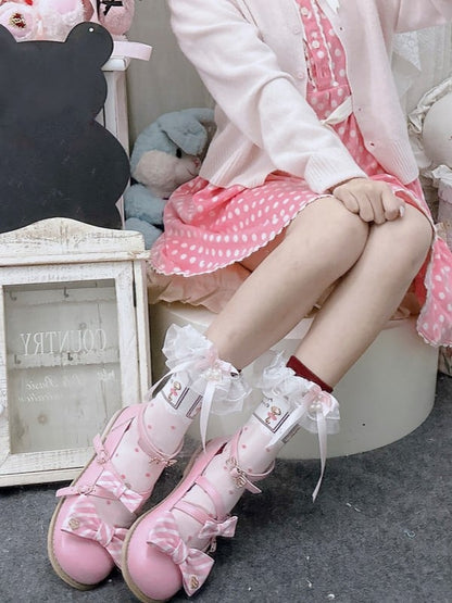 Lolita Calf Pink Bowknot Lace Pattern Details Cuffs Pearls Polka-dot Ruffled With Socks