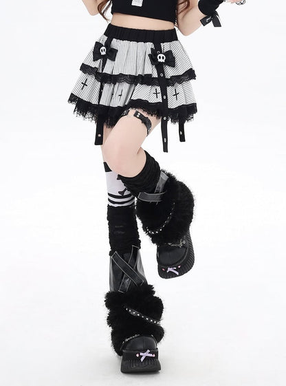 Skeleton Clips with White Stripes Lace Trim Punk Bow Lined Tiered Skirt