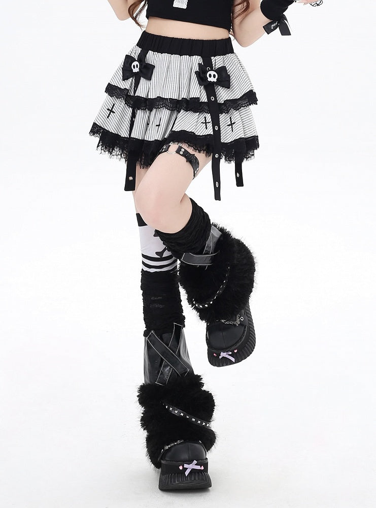 Clips with Lined White Stripes Lace Trim Punk Bow Skeleton Tiered Skirt