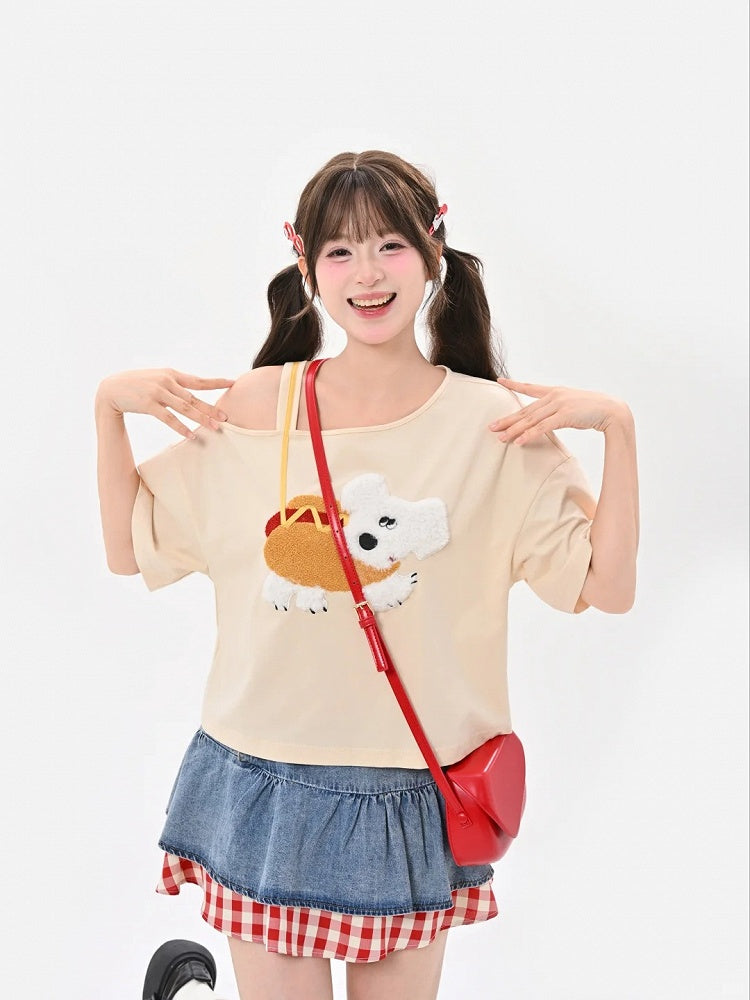 Puppy Applique T-Shirt Asymmetrical Neckline Hotdog Apricot Design