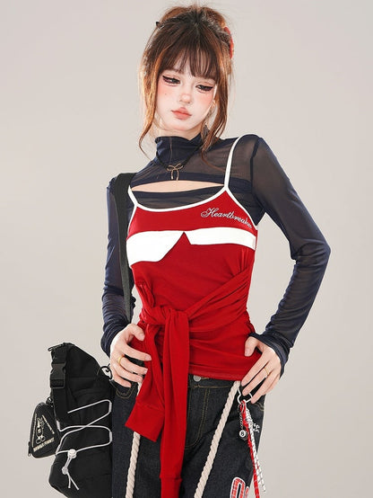 Navy Blue Cutout Detail Mock Neck Mesh Top