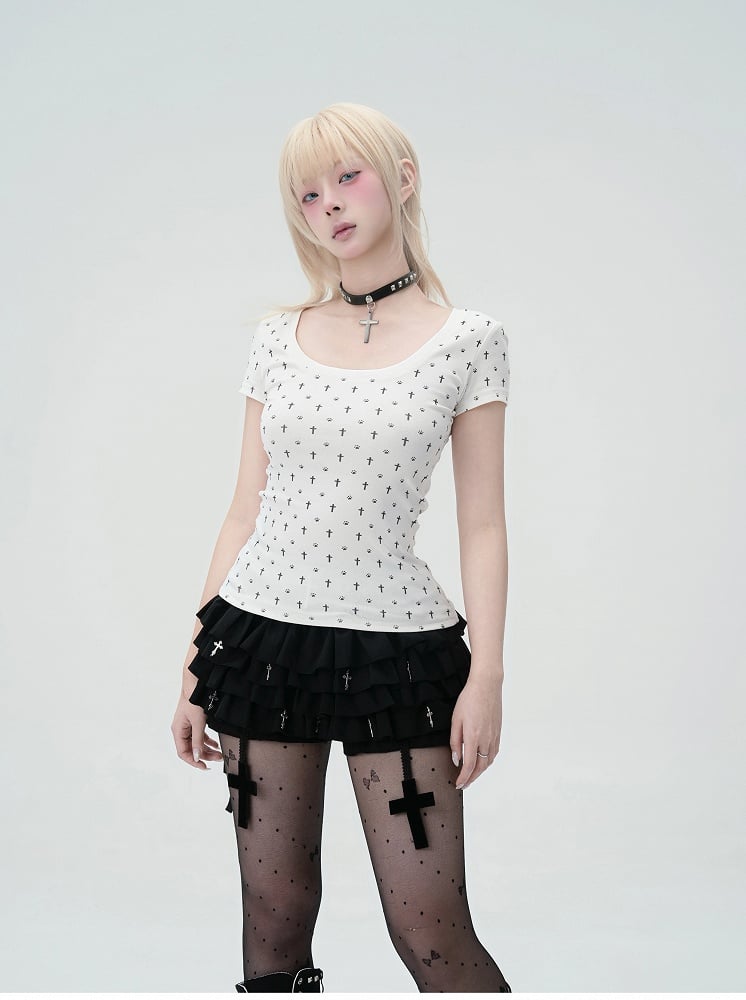 Cat Paw Print Cat Ears Gothic and Back at White Cross Detail T-Shirt Allover Pastel