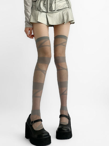 Crisscorss Gray/White/Black/Beige Over-knee Y2K Banded Stockings