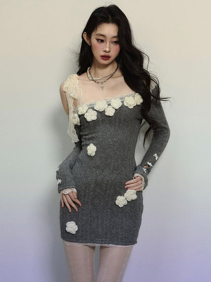 Grey Crochet Flowers Adorned Asymmetrical Mini Dress Lace Trim