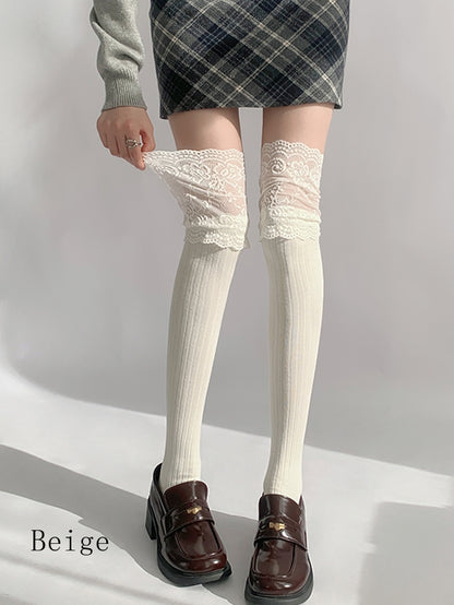 Lace Gray/Beige/Light Gray White/Black/Dark Knitted Over-knee Trim Stockings