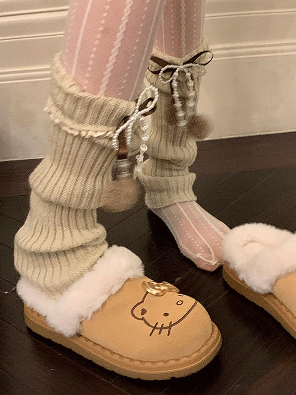 Black/Khaki/Milk White Bowknot Lace Trim Leg Warmers With Pompons