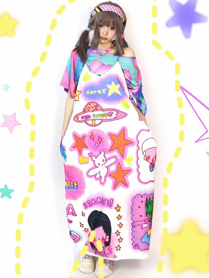 Gyaru Colorful Cartoon Short Striped Fashion Pattern Print Sleeve T-Shirt