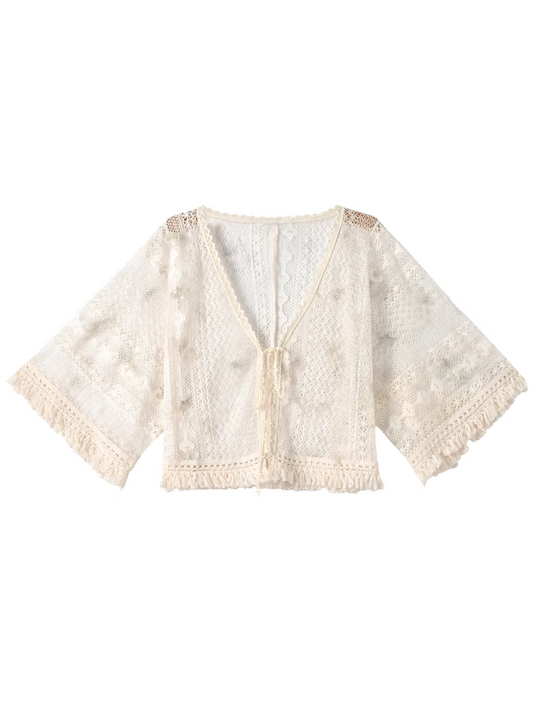 Strap with Self-tie Cardigan Beige Fringe Hem Hollow-Out Lace Cottagecore