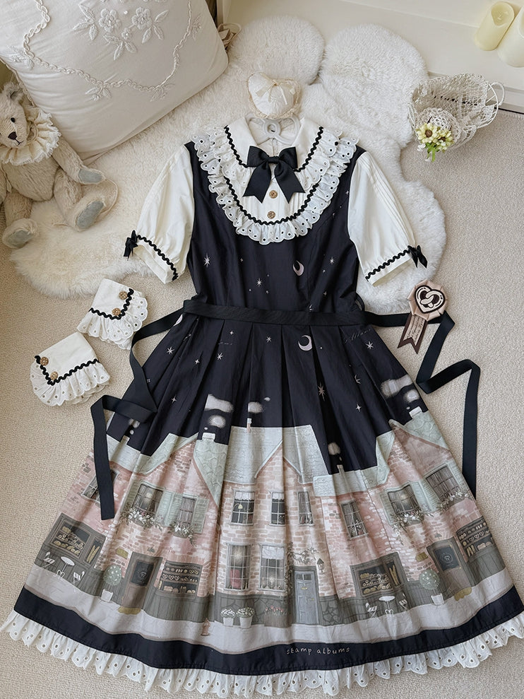 Bakery Black Dress Short and Sleeves Lolita Night Print Starry