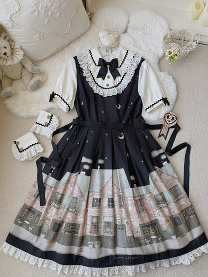 Bakery Black Dress Short and Sleeves Lolita Night Print Starry