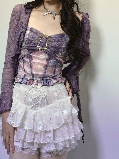 Lavender Semi-Sheer Open Placket Lace Top