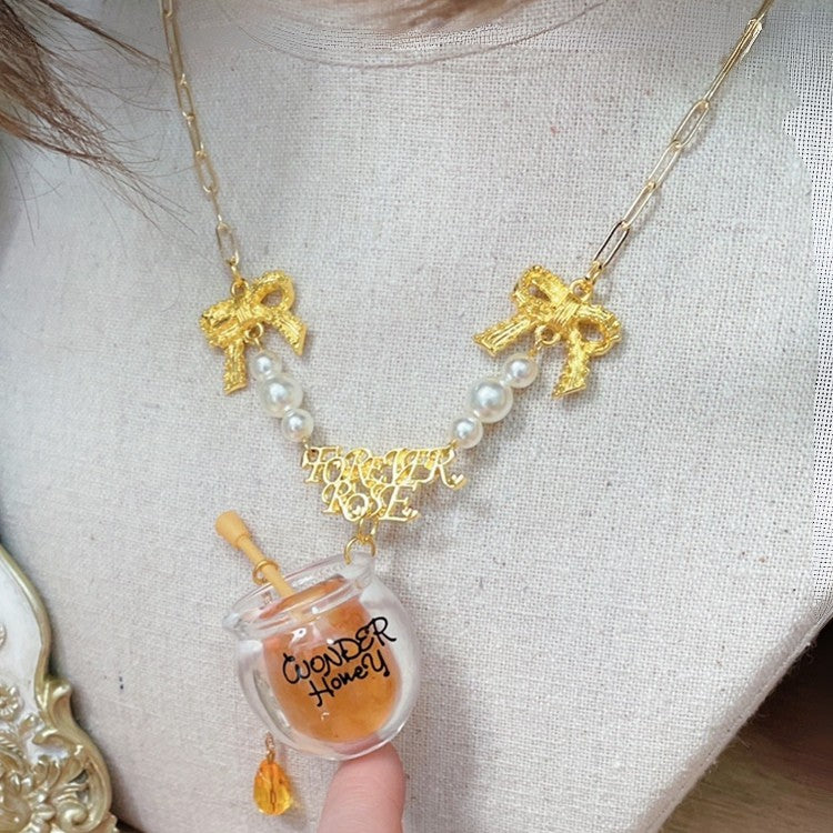 Yellow Decorated Beaded Bowknot Honey Pot Pendant And Necklace