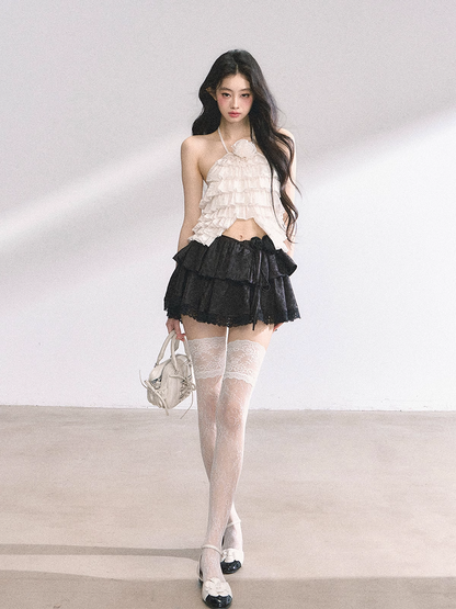 Skirt Black/Apricot Elastic Waist Lace Trim Floral Tiered Mini