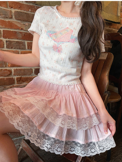 Lace White Cake Print Trim Sweet Floral T-Shirt