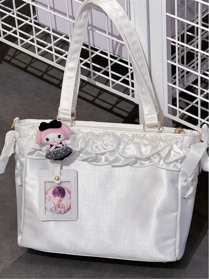 Holder Bow Bag Satin Card Ruffle White Straps Trims Ita With Self-tie