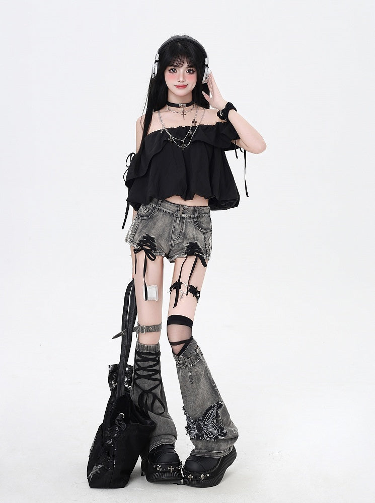 Butterfly with Leg Dusty Gray Lace-up Details Applique Warmers Hem Denim Shorts