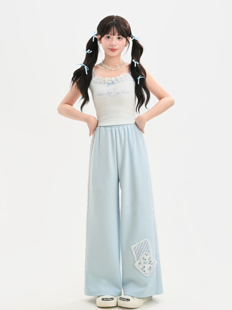 Blue/White Elastic Waist Floral Applique Wide-Leg Pants Regular/Short Version