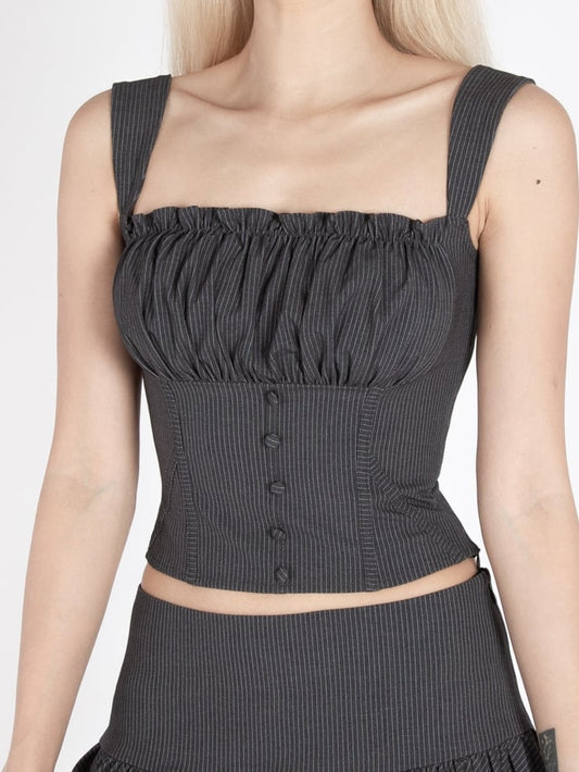 Dark Gray Stripes Pattern Ruffled Square Neck Glamorous Cropped Sleeveless Top