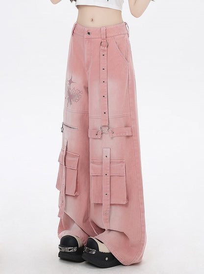 Print Strap Details Vintage Jeans Wide-Leg Cargo Pink Butterfly