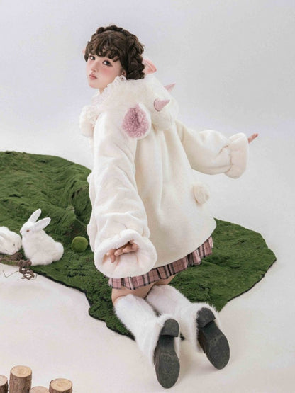 White Cute Lamb Ears Hooded Winter Cozy Plush Coat
