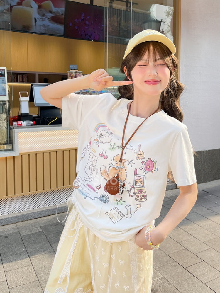 Version T-Shirt Beige Adorable Fox Print Long/Short