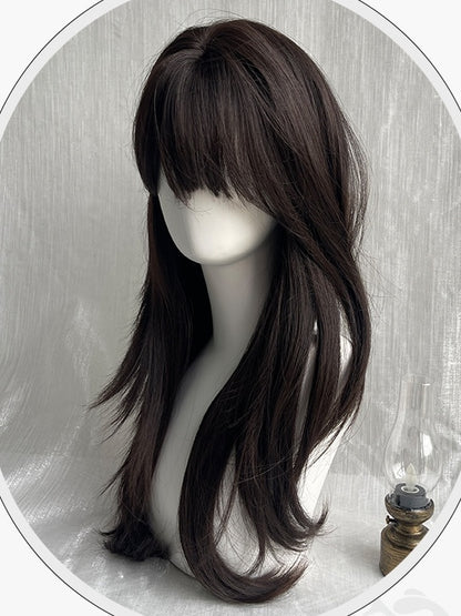 Black Tea Long Straight Synthetic Wig With Full Bangs
