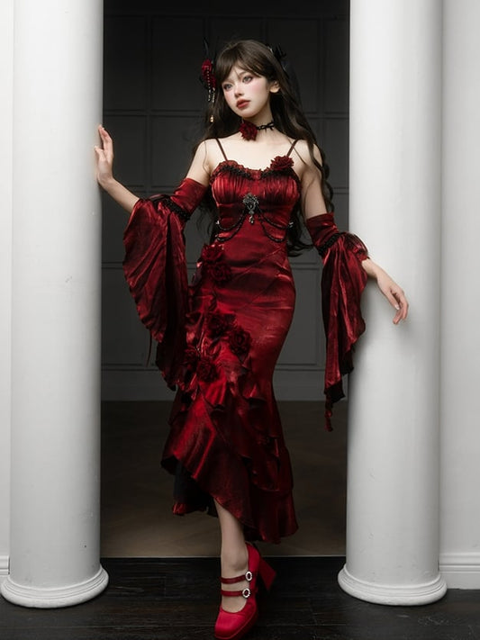 Burgundy Red Evening Gown Rosette Mermaid Dress with Detachable Flounce Sleeves