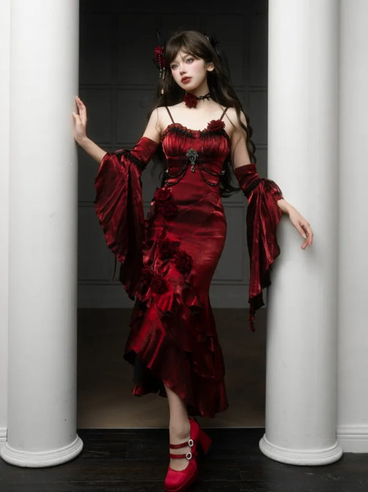 Flounce Sleeves Gown Mermaid Dress Rosette Evening Detachable with Red Burgundy
