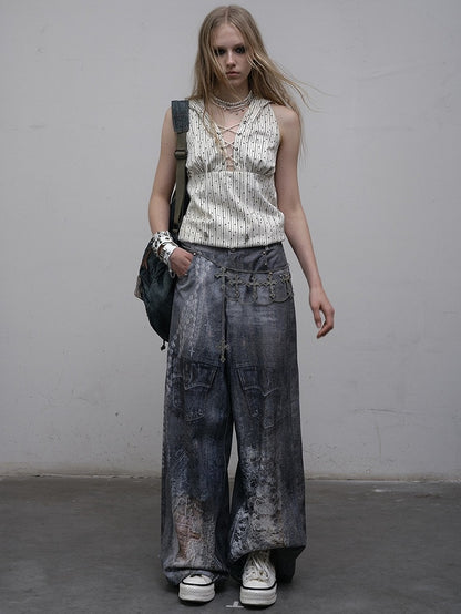 Print Lace Jeans Cut Wide-leg Blue Chain Punk Wasteland Details