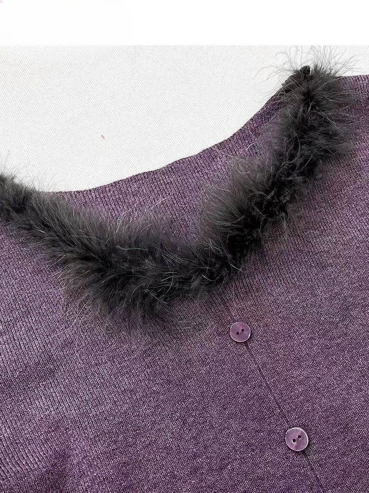 Purple V-Neck Top with Plush Cuffsand Collar