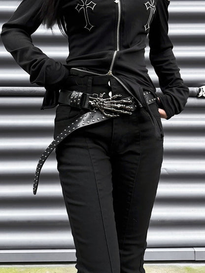 Punk Black High Waist Slim-fit Fishtail Pants with Skeleton Hand Buckle Belt