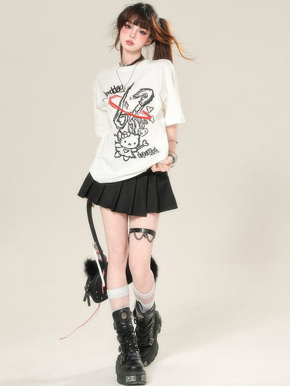 Kawaii Kitty Print T-shirt Daily White